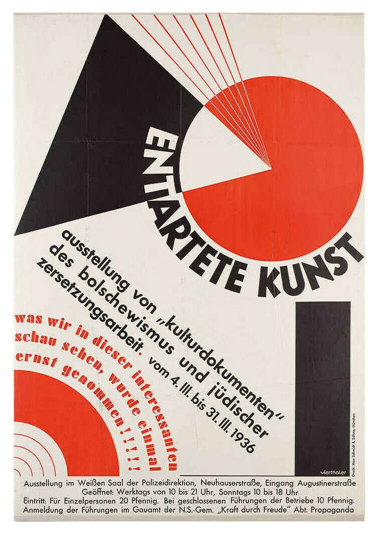 A parody of “cultural documents of Bolshevism” (ie. “Beat the Whites with the Red Wedge”) by Nazi designer Hans Vitus Vierthaler (1910–1942); poster apparently designed in 1936 for the Nazi’s1937 “Degenerate Art Exhibition” condemning Entartete Kunst/“degenerate art”