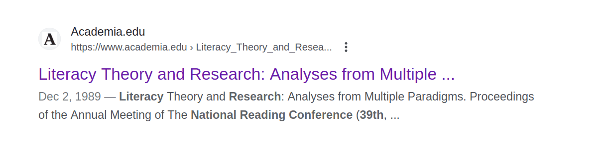 Screenshot of key Google search hit, revealing the Academia.edu PDF copy of ERIC scan of National Reading Conference Yearbook #39.