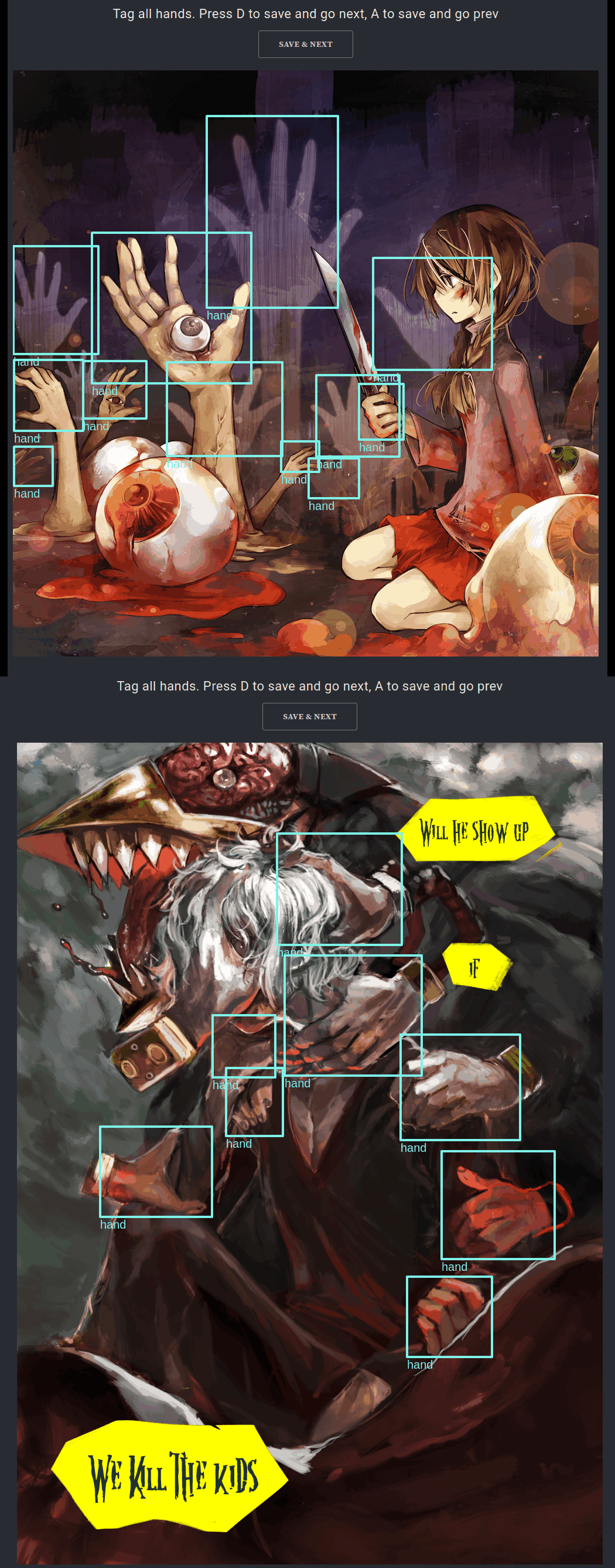 Example of annotating hands in the website for 2 particularly challenging Danbooru2019 images