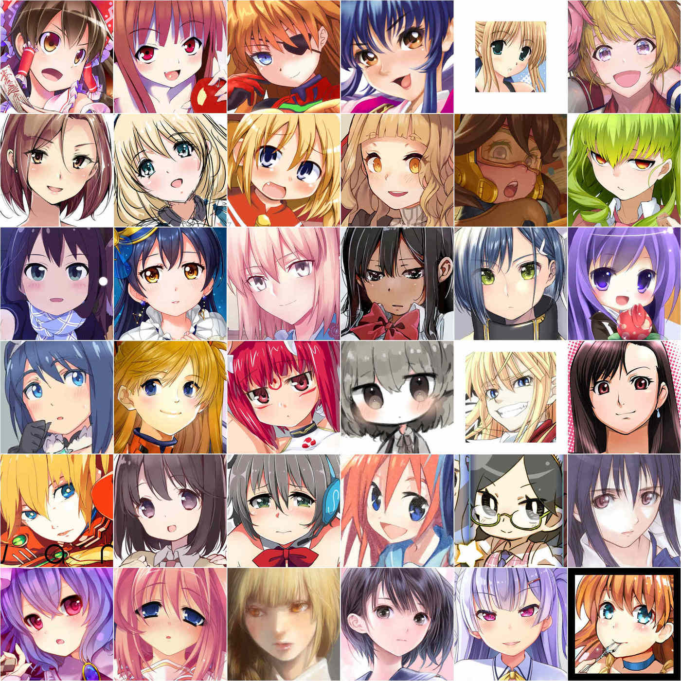 36 random real sample images from the cropped Danbooru faces in a 6×6 grid.