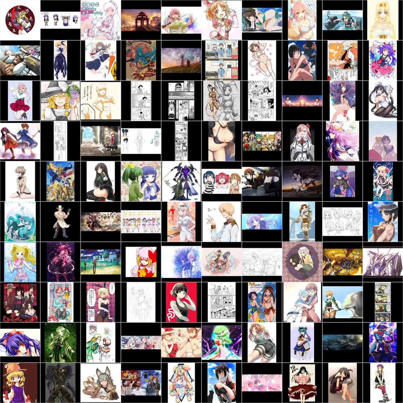 100 random real sample images from the 512px SFW subset of Danbooru in a 10×10 grid.
