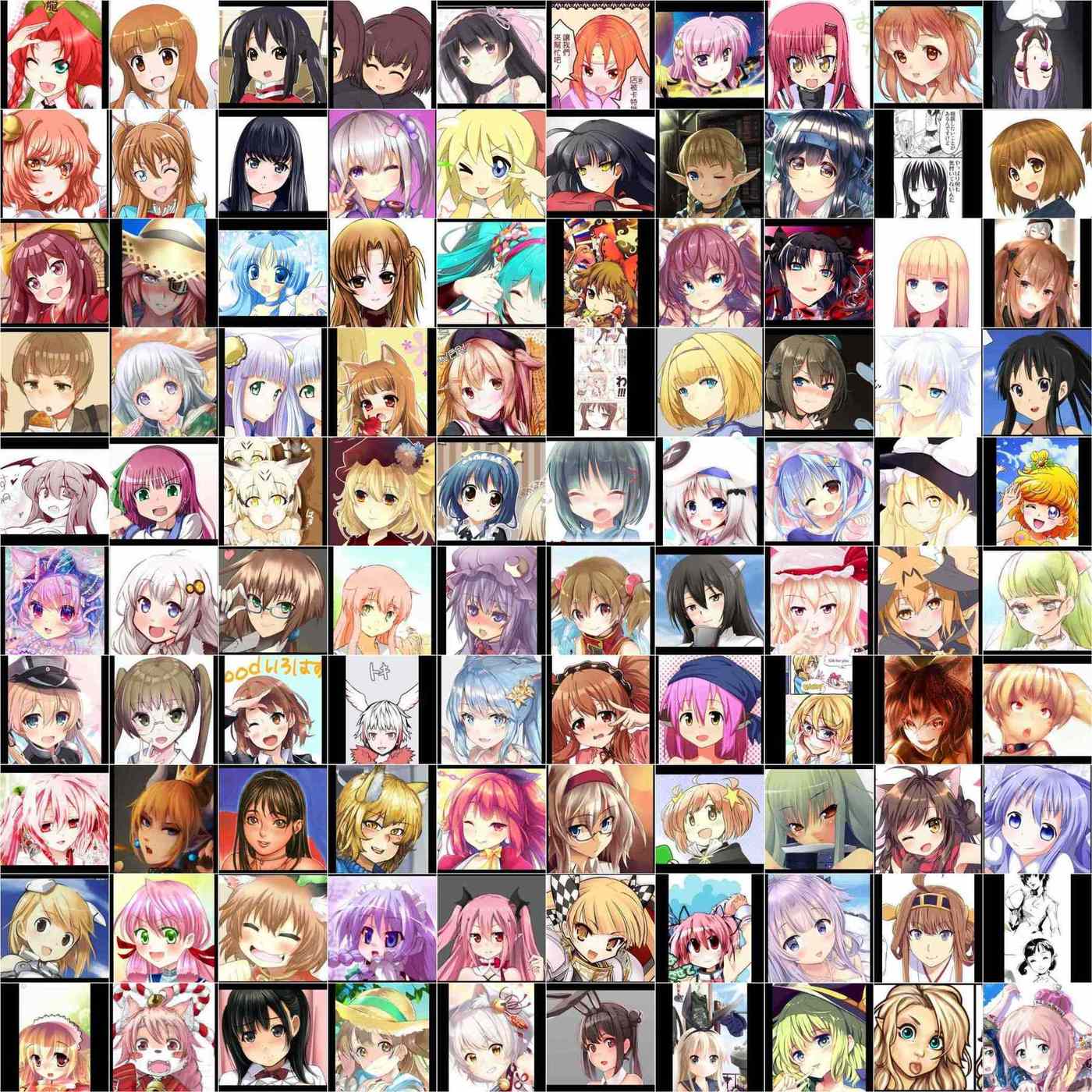 100 real faces from the ‘portrait’ dataset (SFW Danbooru2018 cropped with expanded margins) in a 10×10 grid