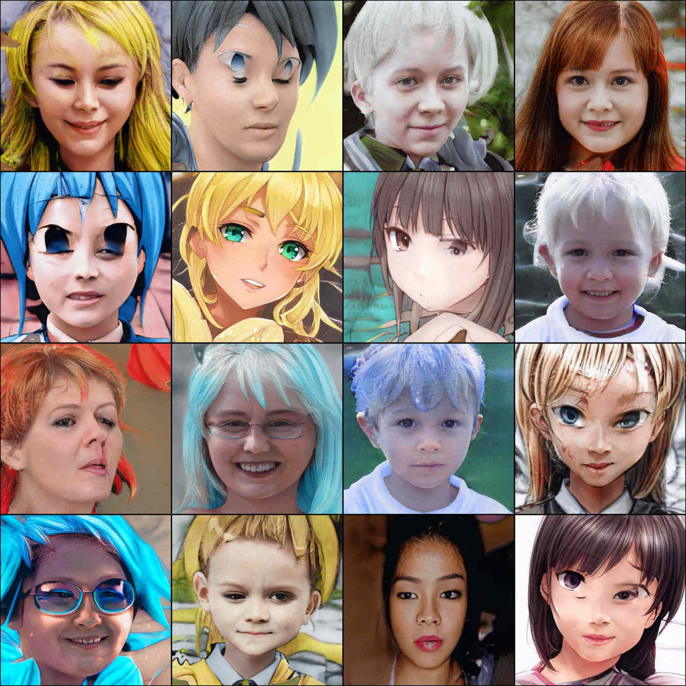 Selected samples from the anime+FFHQ StyleGAN, showing curious ‘intermediate’ faces (4×4 grid)