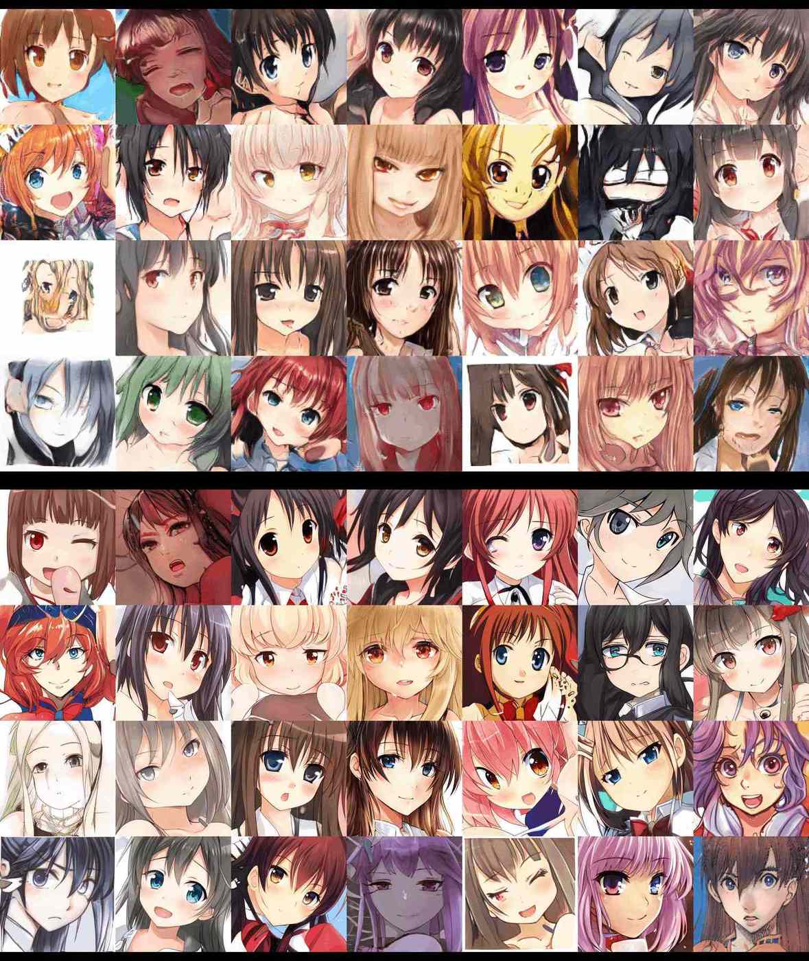 Training improvements: 256px StyleGAN anime faces after ~46 GPU-hours (top) vs 512px anime faces after 382 GPU-hours (bottom); see also the video montage of first 9k iterations