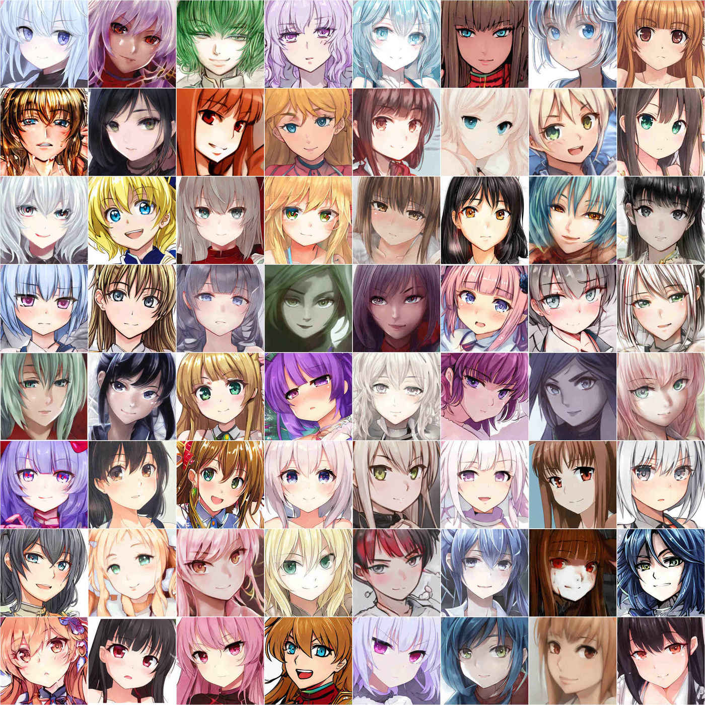 64 of the best TWDNE anime face samples selected from social media (click to zoom).