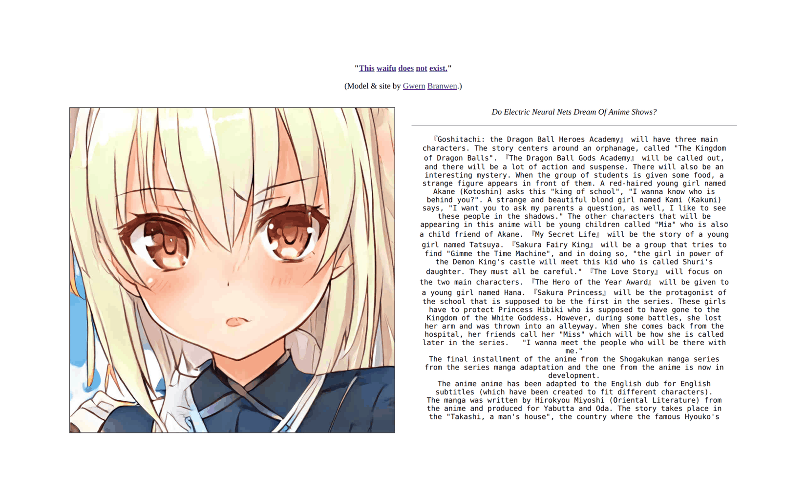 A screenshot of “This Waifu Does Not Exist” (TWDNE) showing a random StyleGAN-generated anime face and a random GPT-2-117M text sample conditioned on anime keywords/phrases.