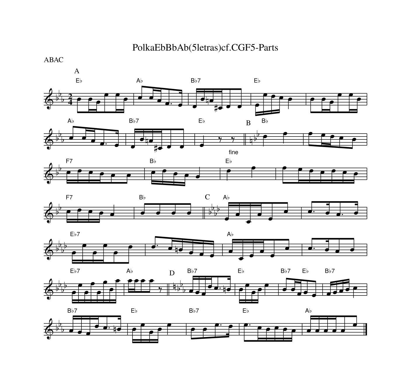 Score for “PolkaEbBbAb(5letras)cf.CGF5-Parts” (an ABC music sample generated by GPT-2-117M trained on a combined ABC dataset)