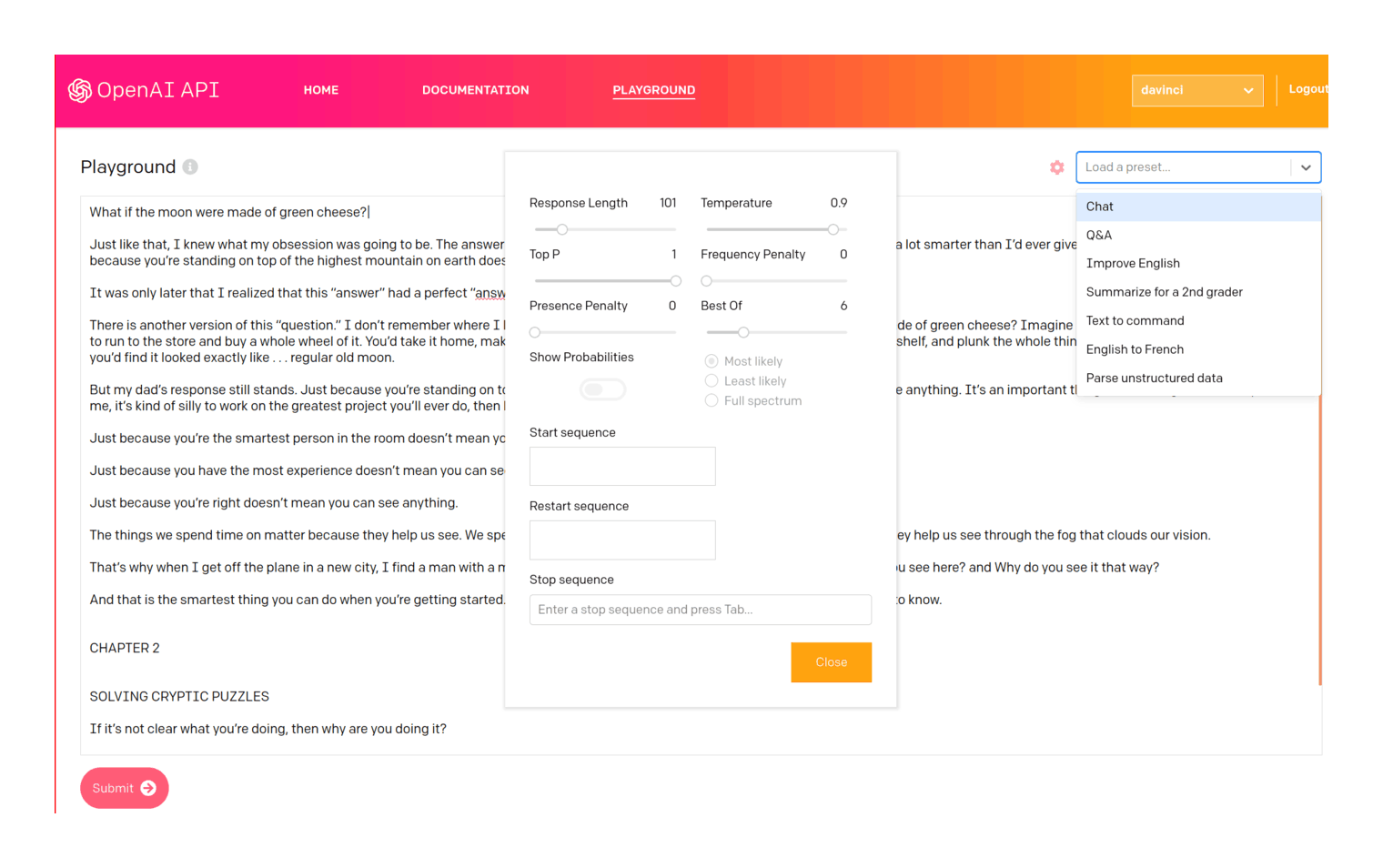 OA API Beta Playground UI & available prewritten prompts/sampling options