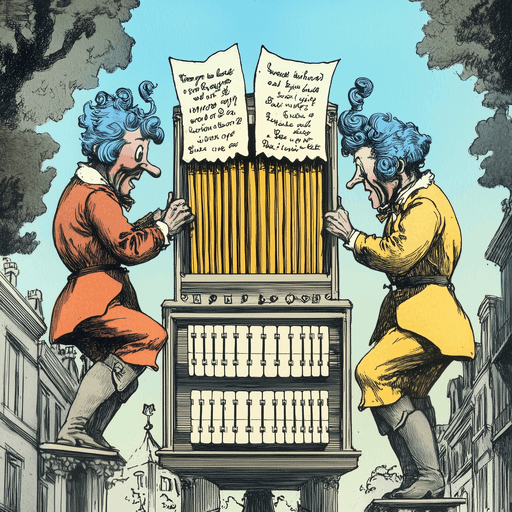 2 eccentric green-headed tinker-inventors astonished & clutching their heads at an elaborate steampunk organ reciting poetry; in the style of <em>Wizard of Oz</em> (1900) illustrator William Wallace Denslow (sepia-color woodblock print English cartoon). Generated by Gwern Branwen on 2024-08-31 using Midjourney v6.1.