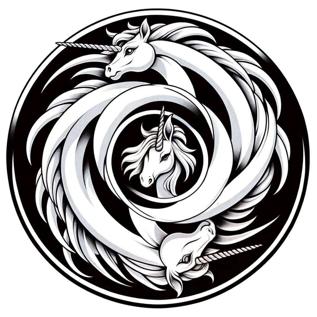 Illustration of a highly symmetrical circular unicorn ouroboros with three white unicorns in a spiral. The image is monochrome, abstract, precise, and simplified. The unicorns have detailed outlines, expressive emotional eyes, and flowing manes and tails. The overall image has an ethereal, 1980s anime classic feel, evoking a dreamy and enchanting atmosphere. Created by Gwern Branwen on 2024-06-07 using DALL· 3 to illustrate his <em>The Last Unicorn</em> review, discussing the immortal eternal unicorns.