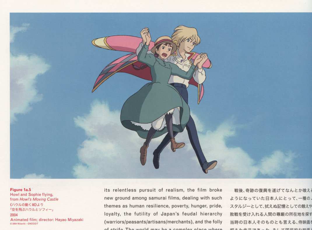 Caption left top: Howl and Sophie flying, from Howl’s Moving Castle 2004 Animated film; director: Hayao Miyazaki