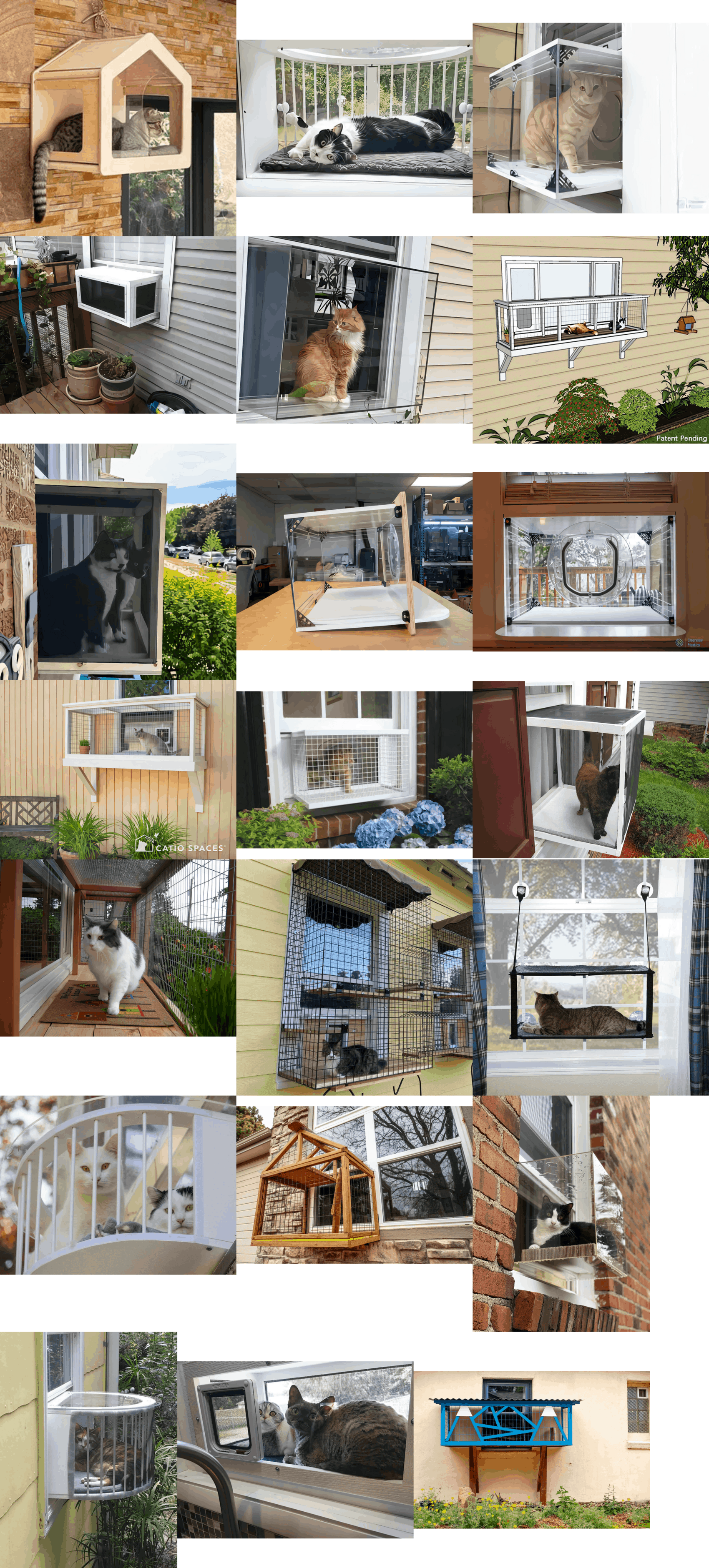 Imagequilt (3×7 grid) of 21 cat window boxes selected from Google Images search for “cat window box”, showing general vulnerability of design in exposing cats to the outside.