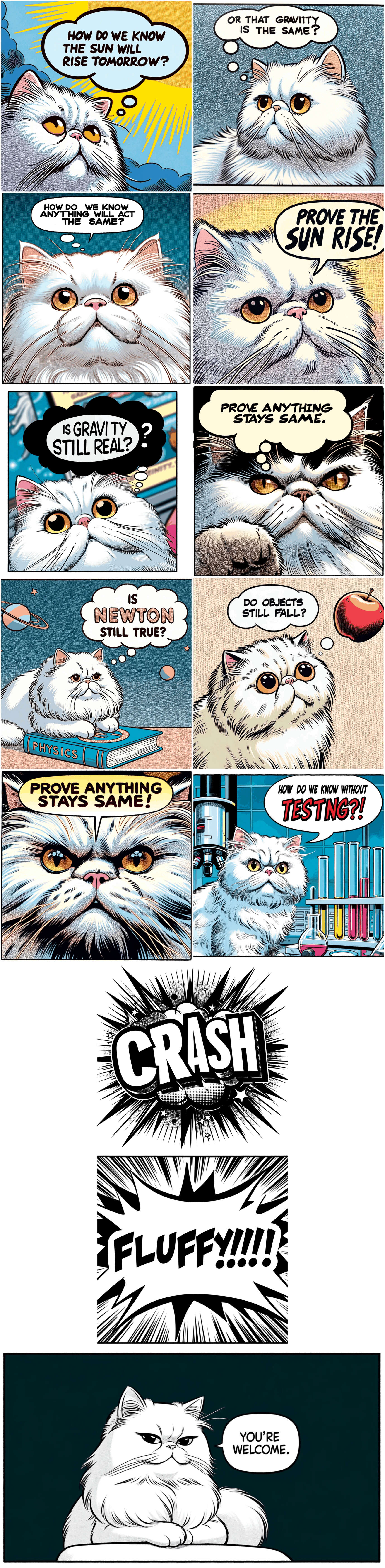 Cat pondering Hume’s problem of induction. (Experiment in DALL·E 3 comic generation.)