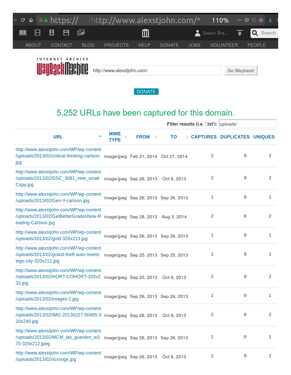 Screenshot of an oft-overlooked feature of the Internet Archive: displaying all available/archived URLs for a specific domain, filtered down to a subset matching a string like *uploads/*.