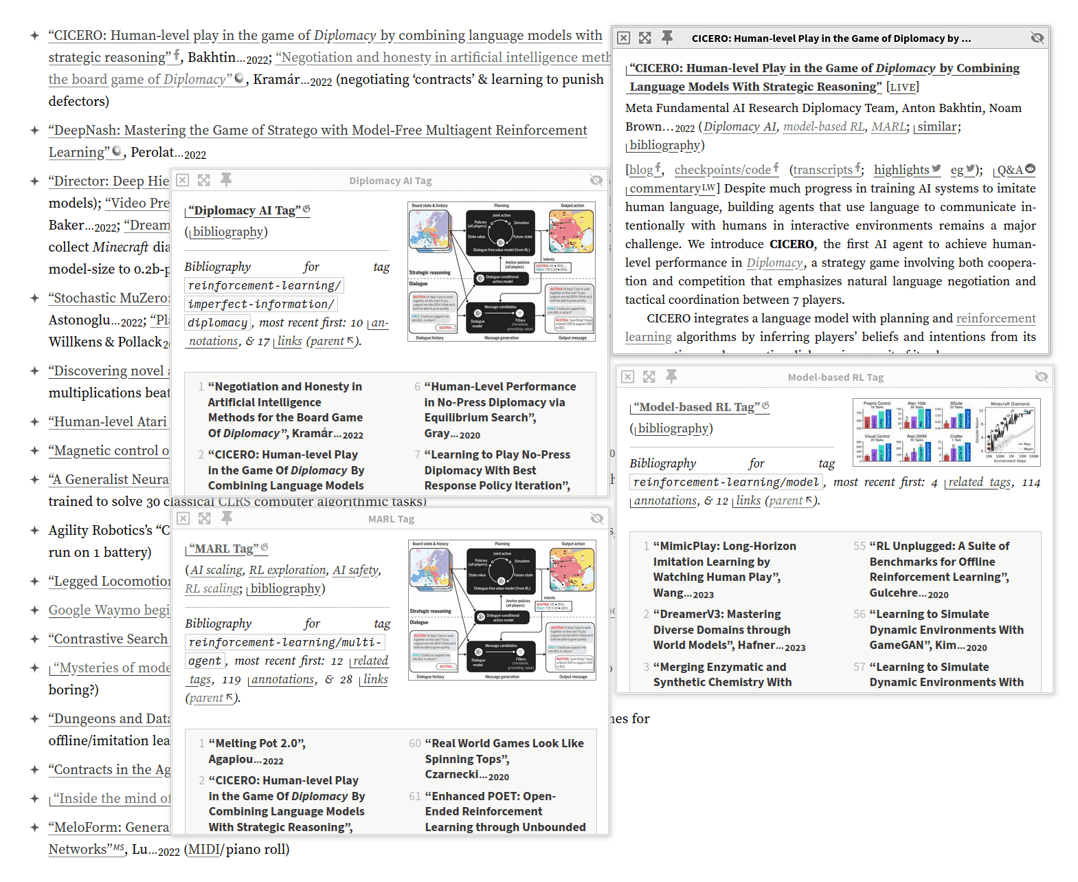 Example of a research paper with 3 tags opened, which are themselves tagged, with ToCs for fast popups of specific tag entries.
