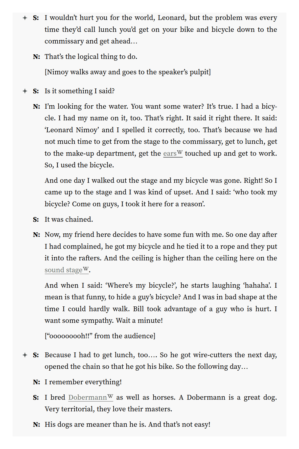 Example of discussion between William Shatner & Leonard Nimoy, which does not fall neatly into a simple Q&A but is readable when grouped & aligned in a two-level list organization. For another example, see Hamming1986’s Q&A (annotation examples: 1, 2, 3).