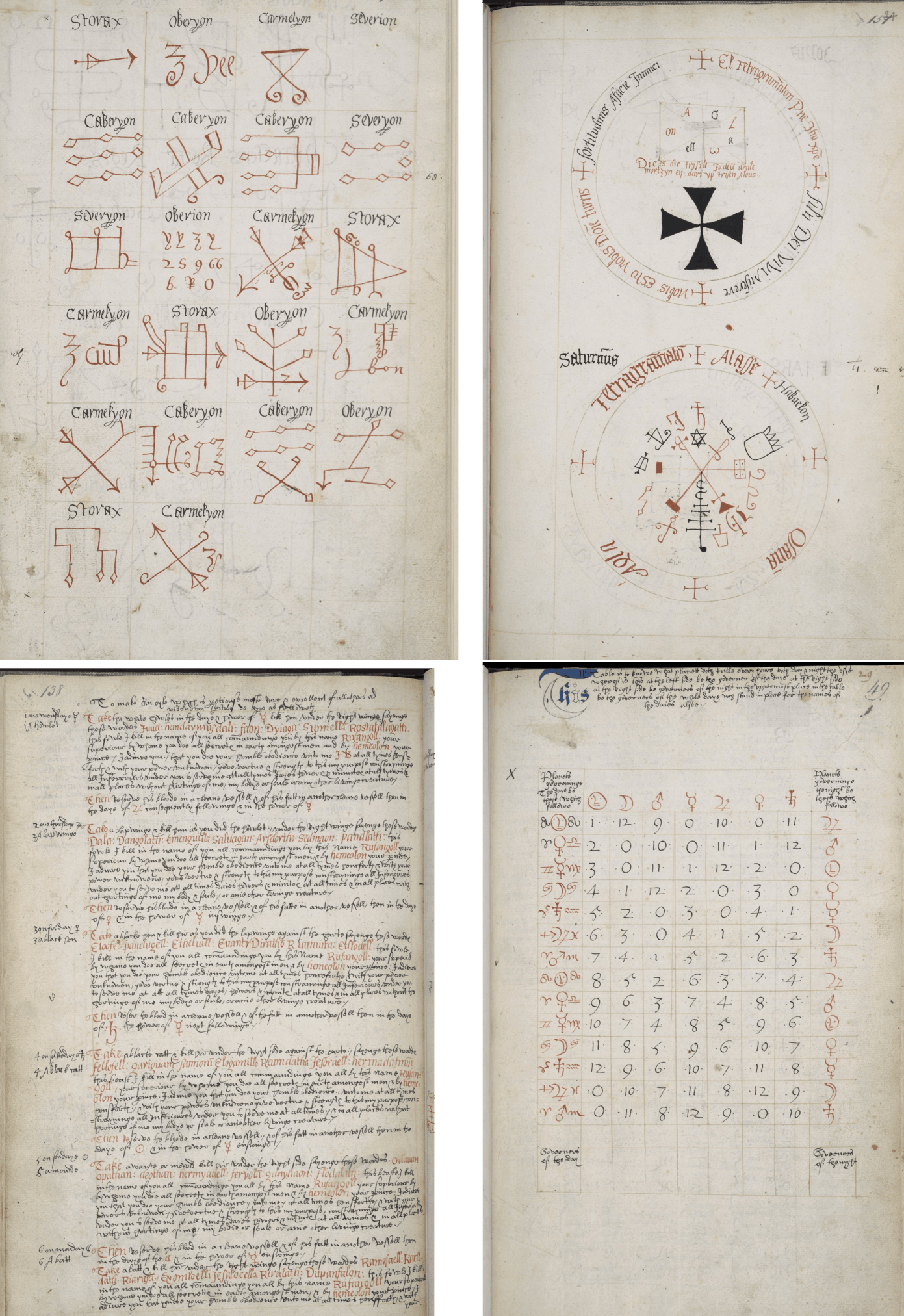4 pages (pg49, 131, 151, & 188) from MSS Folger V.b.26, the anonymous Book of Magic, with Instructions for Invoking Spirits (1577–1583?; transcription/translation)