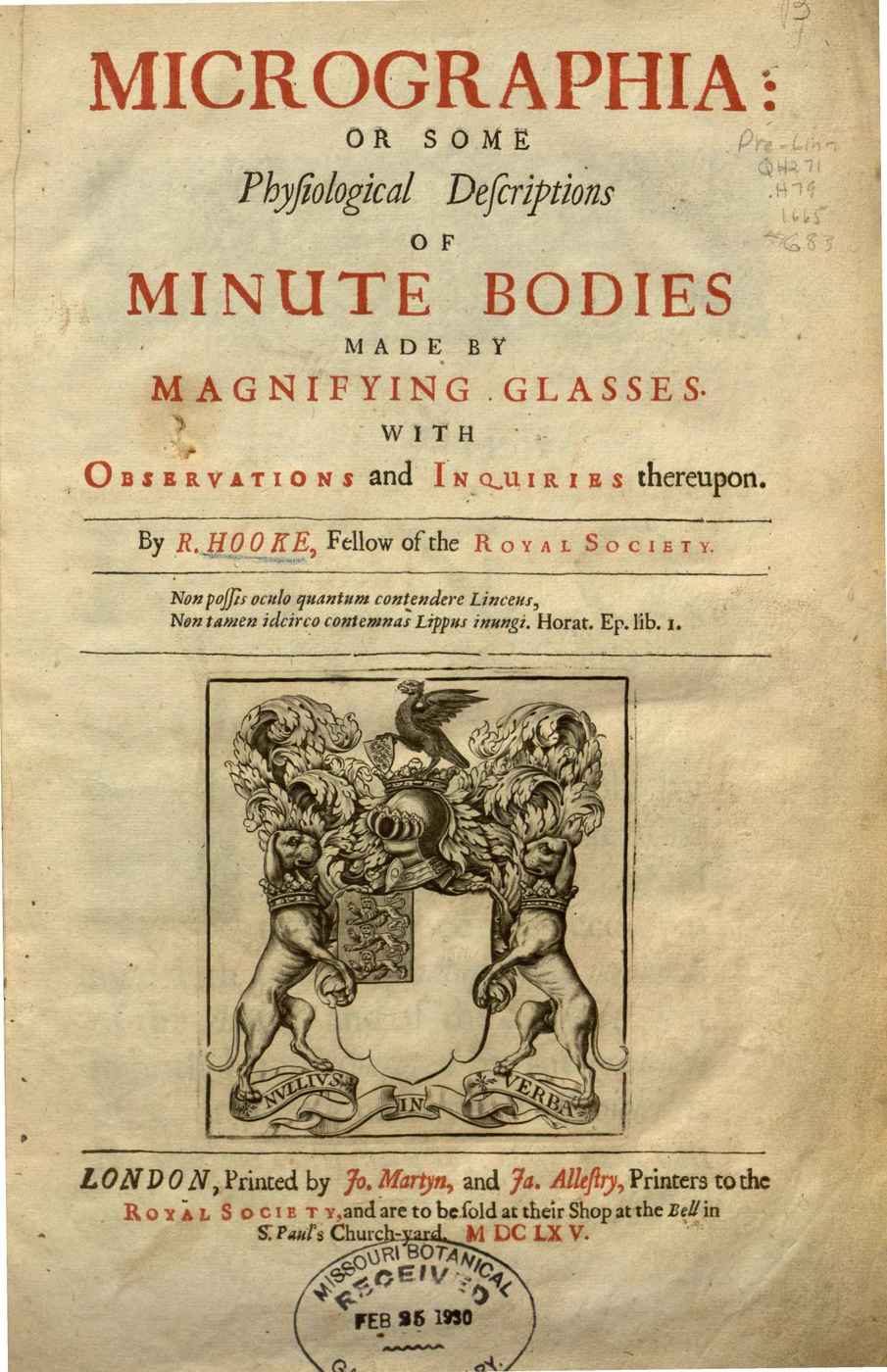 Cover of Robert Hooke’s Micrographia (1666359ya); fairly conventional book example, but interesting for its relatively systematic use of rubrication on cover to emphasize key nouns.