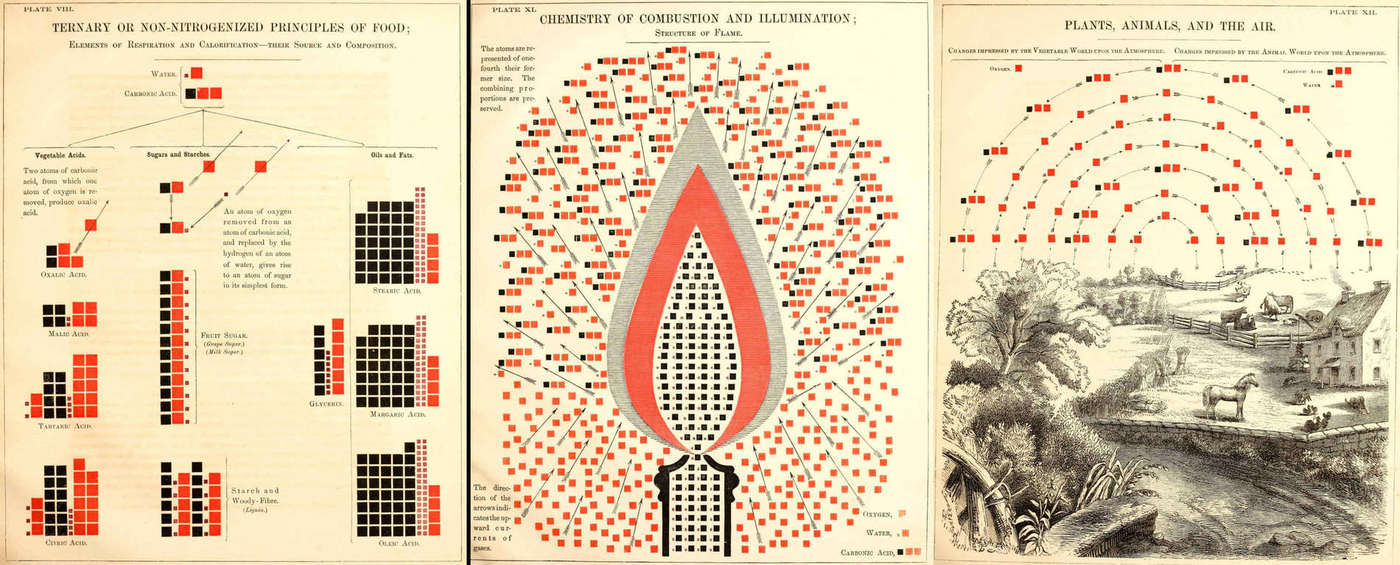 pg65/81/87 of Chemical Atlas, Or, The Chemistry Of Familiar Objects, demonstrating consistent use of rubrication for denoting oxygen/water/carbonic acid; from an 1856 chemistry textbook by American science popularizer (& co-founder of Popular Science magazine) Edward L. Youmans who took pains to defend his systematic use of illustration.