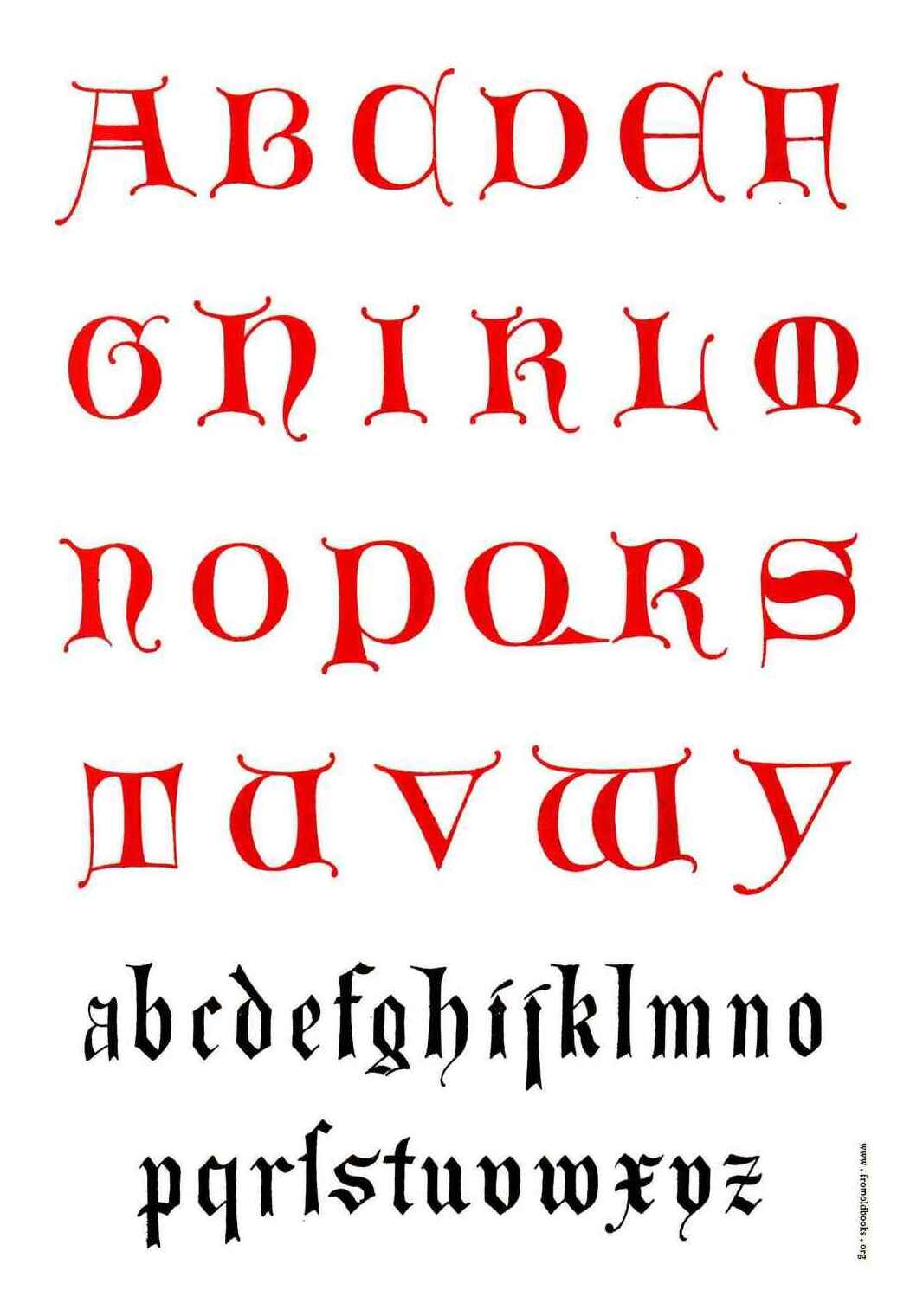 Plate 43, 14th century Lombardic alphabet, The Art of Illuminating As Practised in Europe from the Earliest Times, Tymms1860, modeled after earlier Lombardic capitals