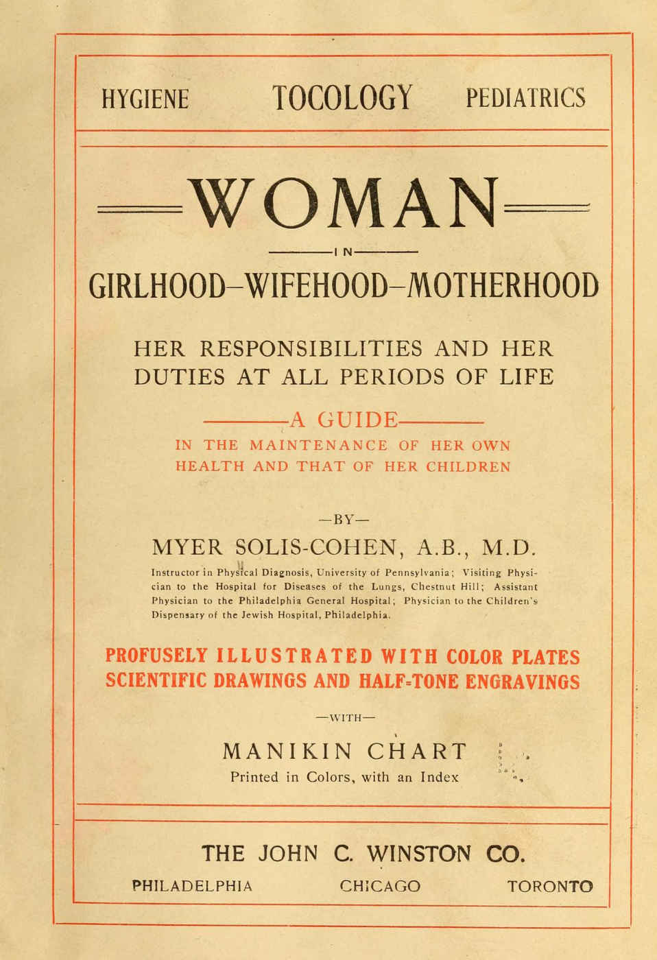 Rubricated title page of the “profusely illustrated” menstruation/pregnancy/married-life manual, Woman in girlhood, wifehood, motherhood; her responsibilities and her duties at all periods of life; a guide in the maintenance of her health and that of her children, Solis-Cohen1906