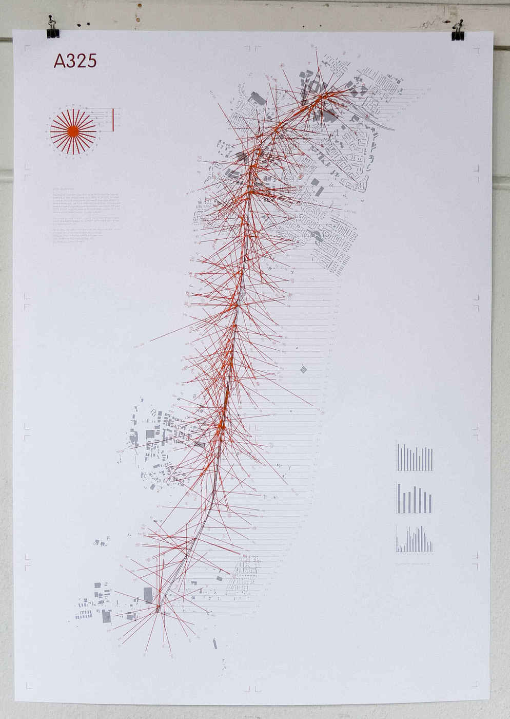 German design studio Catalogtree’s “VINEC 001-009” project: “March 200519ya—A series of nine screen-printed posters commenting on the growth of Arnhem and nearby Nijmegen. The series focuses on the A325 highway which connects the two cities. … A325-005 [#6 out of 9 posters]: All accidents on A325—location, speed, time of day and day of week—between December 16, 199826ya and January 1, 200321ya.” Like the IBM photocopier diagram, this uses rubricated lines to call out details on a schematic, but the rubrication is deliberately overdone, blotting out the original road in favor of painting a bloody spine out of the implied injuries/mortalities.