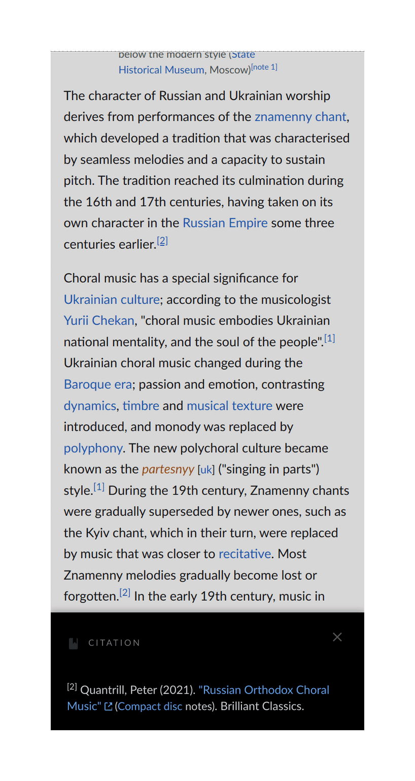 Screenshot of Artemy Vedel WP article after tapping a footnote in a mobile browser, showing a faded body and a highlighted footnote section which has ‘slid up’; this shows the footnote text (usually a brief citation) without shifting the overall layout or being too small to read.
