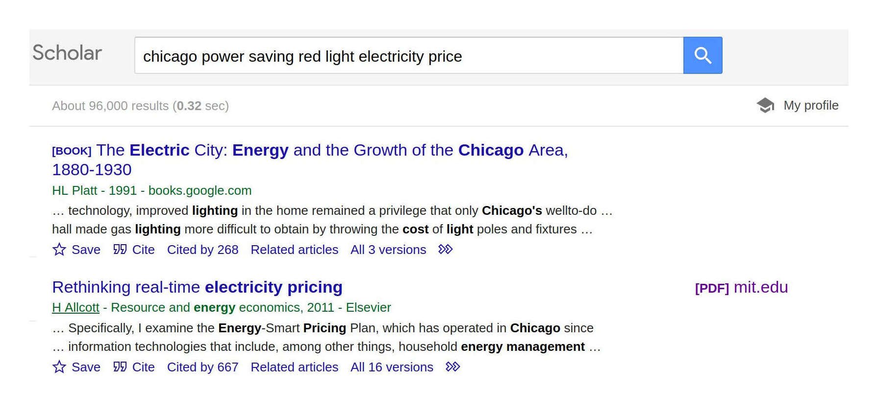 GS search results for Chicago power saving red light electricity price, showing the goal as #2 and visibly relevant snippets.