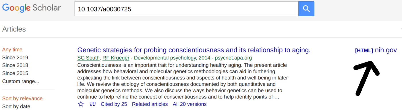An example of a hit in Google Scholar: note the [HTML] link indicating there is a fulltext Pubmed version of this paper (often overlooked by newbies).
