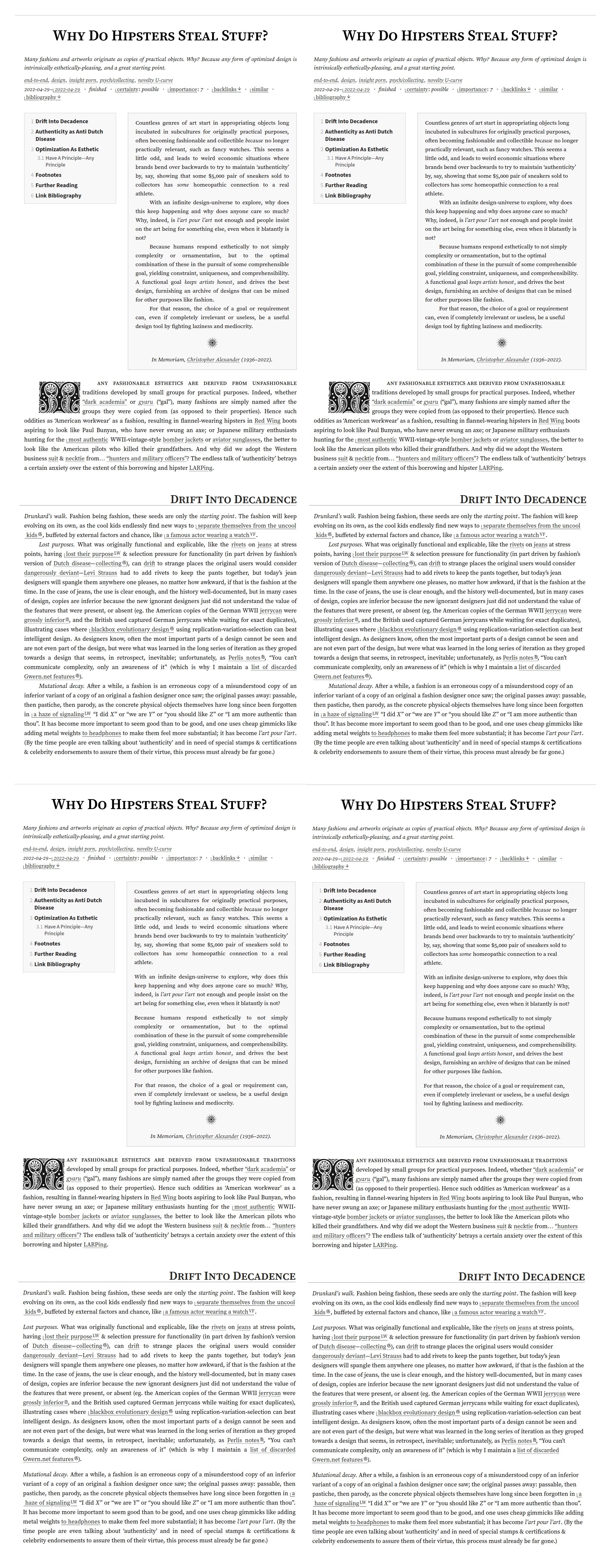 Screenshot of the 4 typographic Gwern.net variants A/B tested (indent+justify, indent+ragged-right, newline+justify, & newline+ragged-right); demonstrated on LARPing.