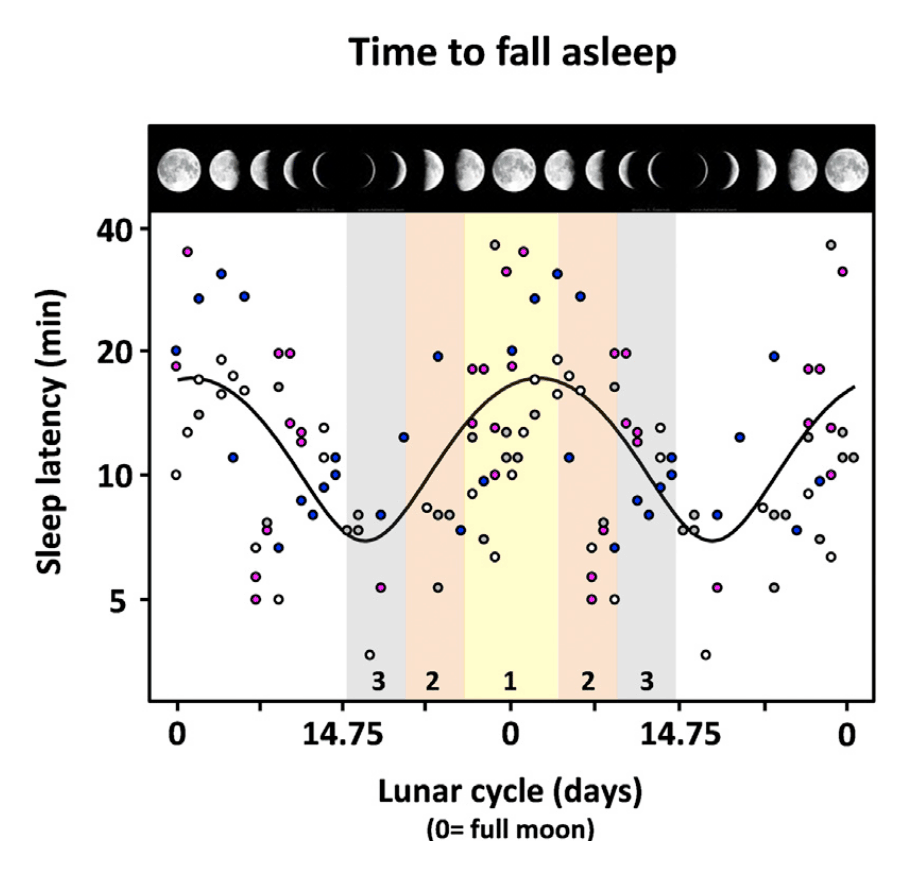“Figure 1: Time to Fall Asleep and Lunar Phase. Each data point (total of 64 nights double plotted) represents EEG-defined sleep-onset time (ie. sleep latency: time between lights off and the first EEG occurrence of stage 2 sleep in minutes). The different color-coded symbols depict the different gender and age groups: pink for young women, blue for young men, white for older women, and gray for older men. Note: a lunar-phase (pictures upper abscissa)-dependent distribution could be fitted with a sinusoid function [f = y0 + a · sin(2 · π · x⁄b + c); goodness of fit, r = 0.46]. The colored boxes delineate the moon classes 1, 2, and 3, with moon class 1 comprising nights that occurred −4 and +4 days around full moon, moon class 2 comprising nights that occurred 5 to 9 days before and after full moon, and moon class 2 comprising nights that occurred 10 to 14 days before and after full moon.”