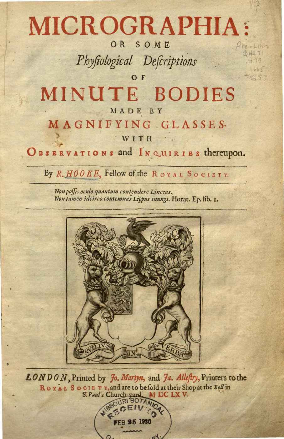Cover of Robert Hooke’s Micrographia (1666); fairly conventional book example, but interesting for its relatively systematic use of rubrication on cover to emphasize key nouns.