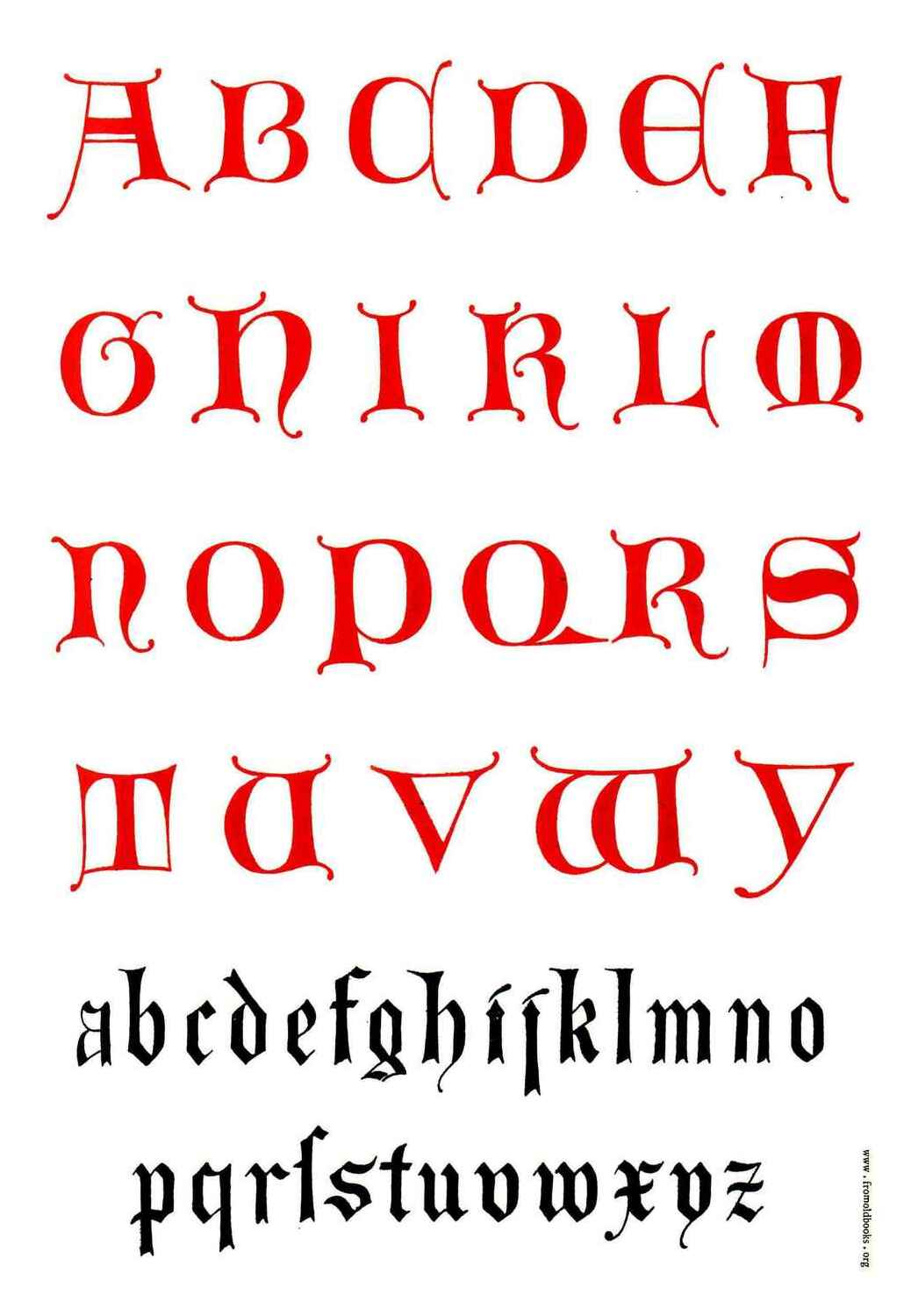 Plate 43, 14th century Lombardic alphabet, The Art of Illuminating As Practised in Europe from the Earliest Times, Tymms1860, modeled after earlier Lombardic capitals