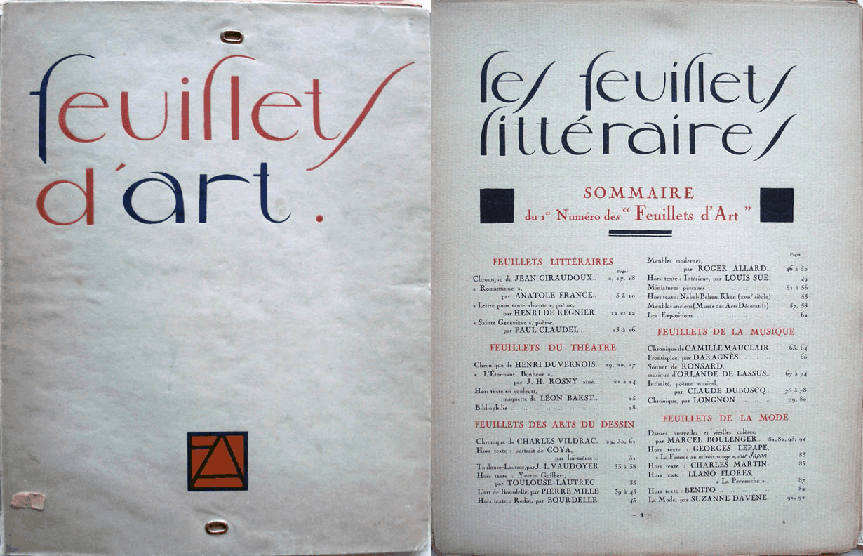 Title & table of contents of issue #1 (1919) of Les Feuillets d’Art (The Pages of Art), a prominent Parisian fashion magazine (1919–1922); scanned by Princeton University Library