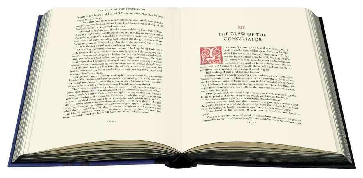 Rubricated drop cap (custom variant by Sam Weber likely based on Petit Fleur) on pg101, chapter 13 of The Claw of the Conciliator, Gene Wolfe, 2019 Folio Society limited edition