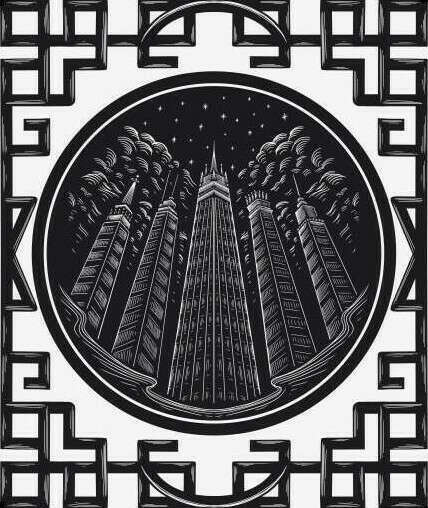 Linocut artwork of the skyscrapers of Gotham, facing upwards, at night, against a starry background, in an monochrome Art Deco style and oriental motif border by Manasuka (https://www.fiverr.com/manasuka)
