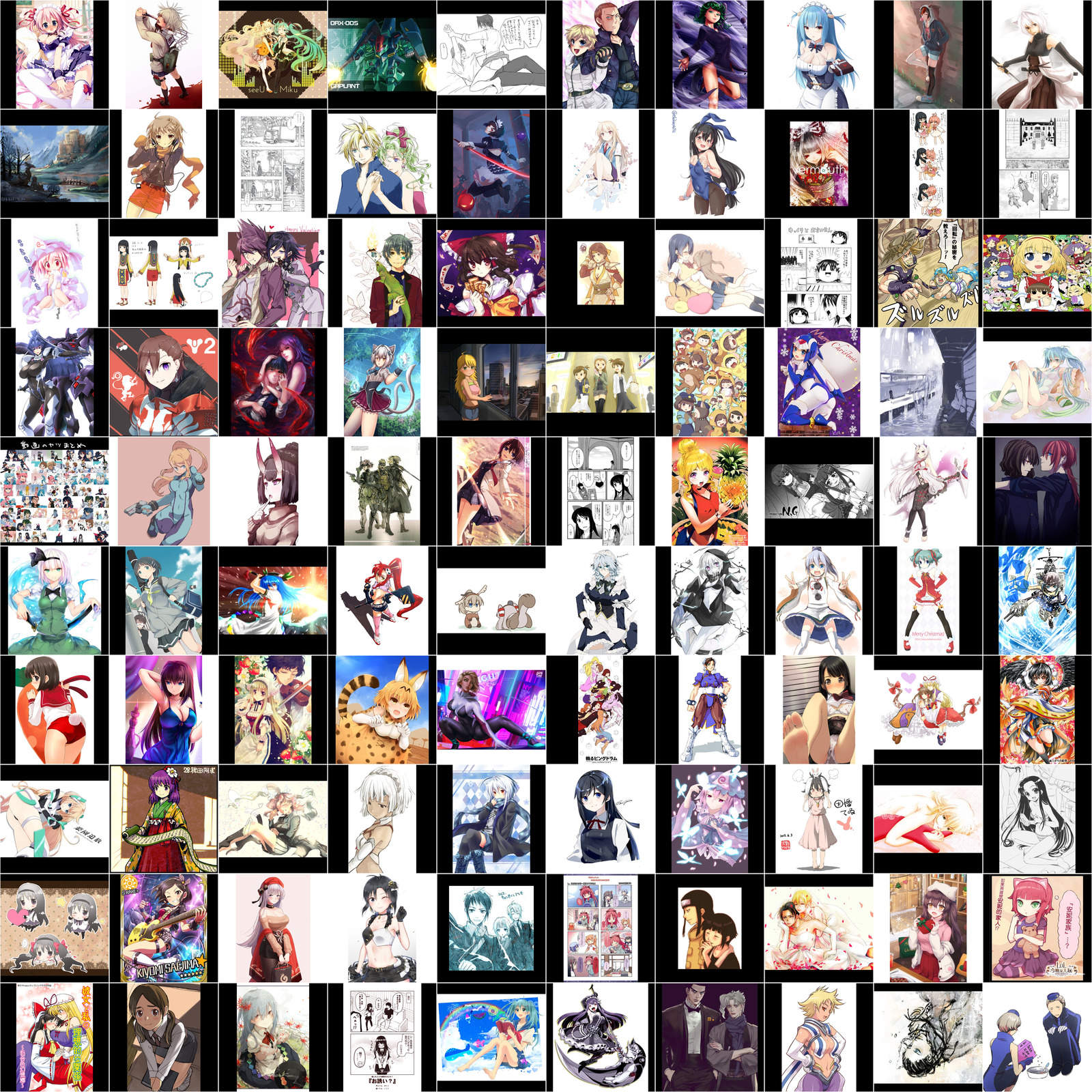 100 random sample images from the 512px SFW subset (‘s’ rating) of Danbooru in a 10×10 grid.