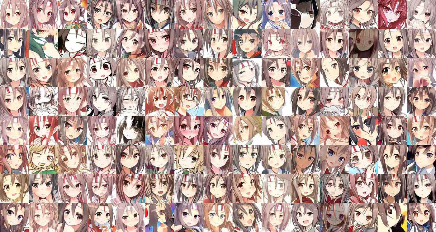 StyleGAN transfer learning from anime face StyleGAN to KanColle Zuihou by Ending_Credits, 8×15 random sample grid