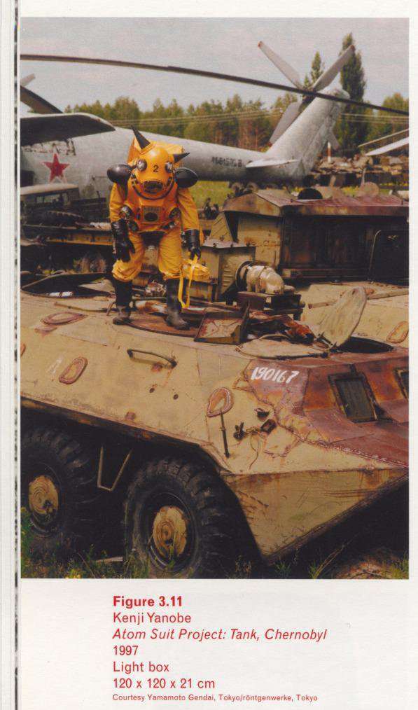 Caption left: Kenji Yanobe, Atom Suit Project: Tank, Chernobyl, 1997, Light box, 120 × 120 × 21 cm