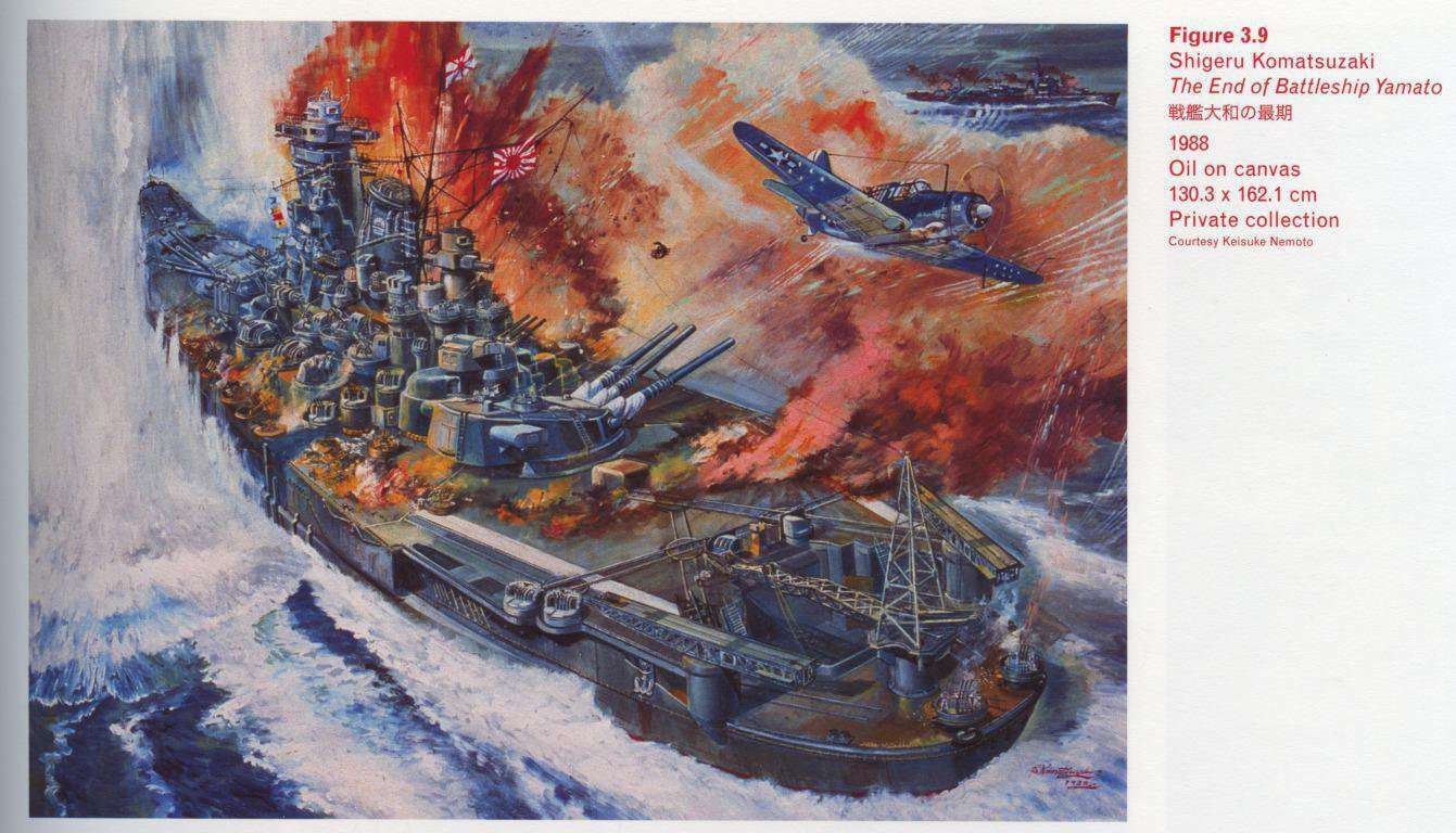 Caption top right: Shigeru Komatsuzaki, The End of Battleship Yamato, 1988, Oil on canvas, 130.3 × 162.1 cm, Private collection