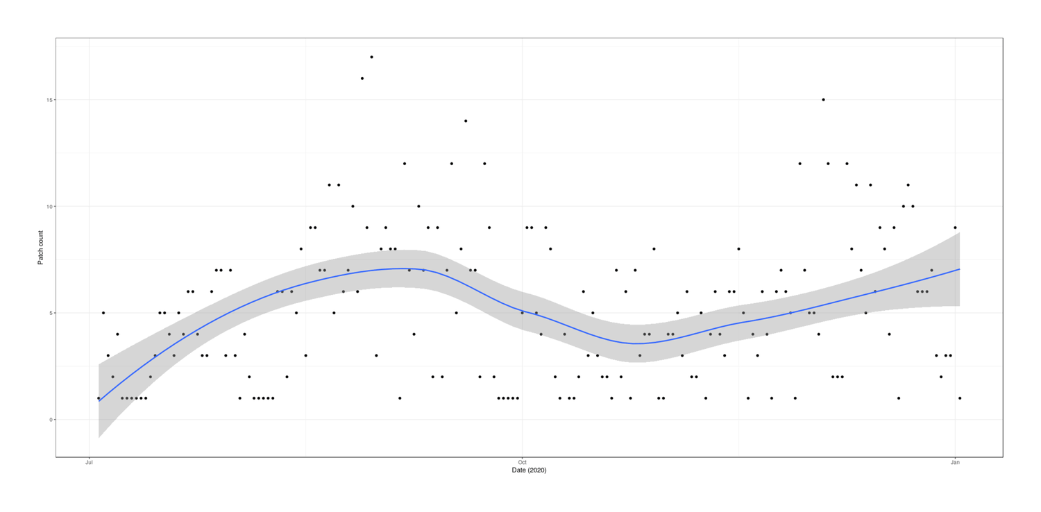 Plot of patch creations (y-axis) versus date (x-axis): July 2019–Jan 2020