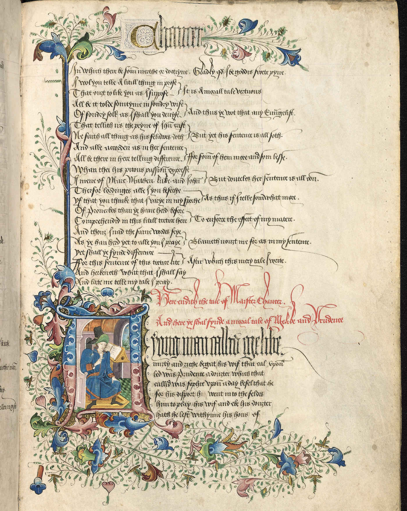 “‘A copy made around the third quarter of the 15th century of Geoffrey Chaucer’s The Canterbury Tales (1390s); at the division between’The Tale of Sir Thopas’ and ‘The Tale of Melibee’, the initial, border, running head and title help the reader to navigate the text.’ (MS. Rawlinson poet. 223, fol. 183r., courtesy Bodleian Libraries, University of Oxford)”; rubrication marks ‘the end’.