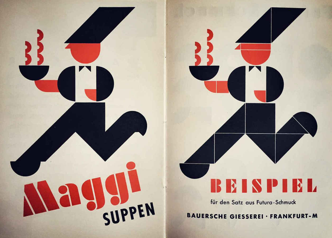 Futura typographic samples often showed it off using rubrication; in this sample from the Bauer Type Foundry, newly-for-sale geometric ornaments are used to make amusing advertisements.