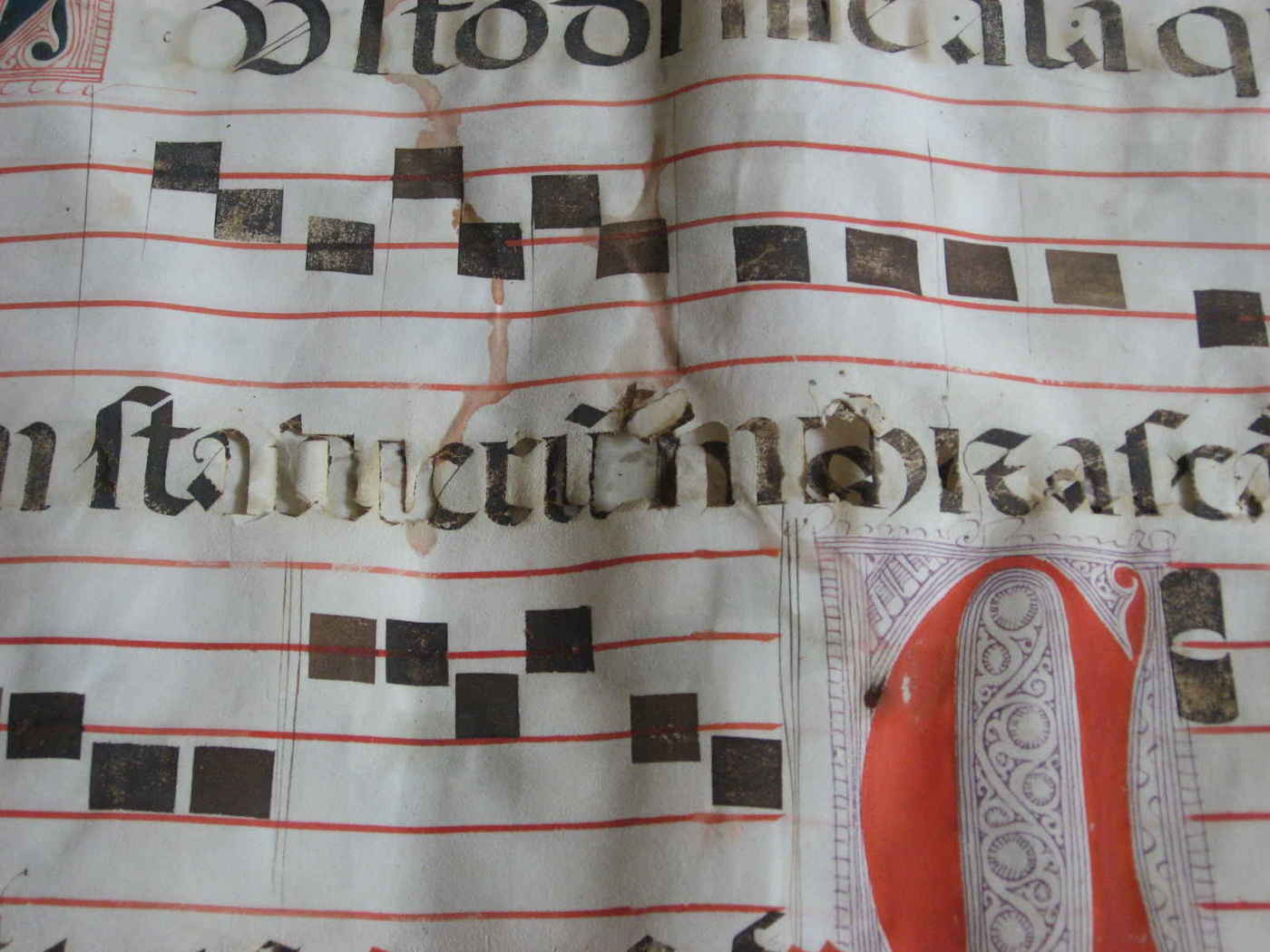 “Ink corrosion: iron gall ink has oxidized the cellulose, causing the paper to disintegrate. The manuscript is exhibited behind glass in a church in Evora, Portugal.” Photo taken 2007 by Ceinturion, unknown manuscript date (possibly a gradual?)