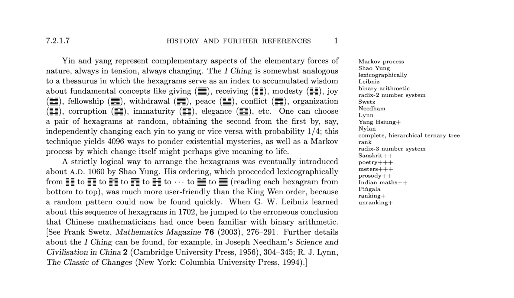 Margin notes showing keywords for discussion of Chinese/​Indian algorithmic history in Knuth.