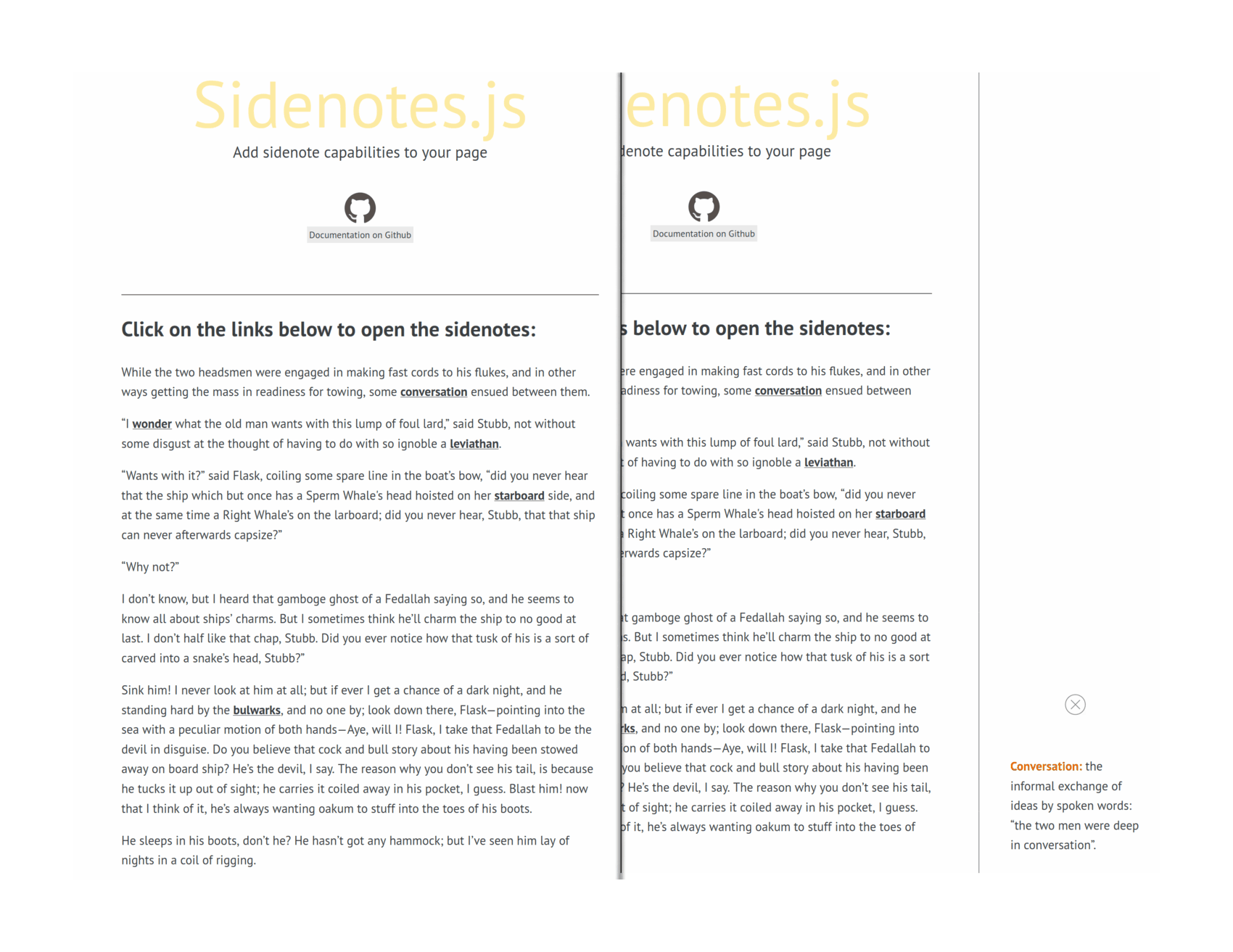Sidenotes.js, before/​after clicking on an annotated link (desktop)