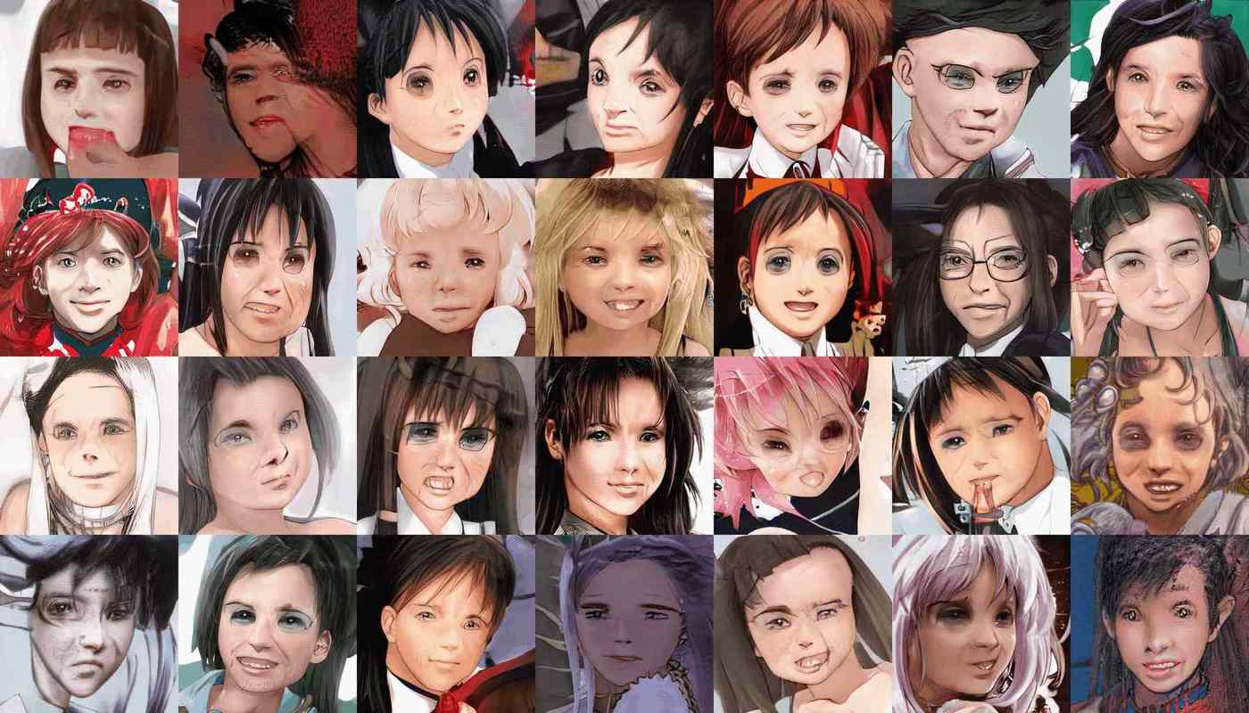 Random training samples of anime face → FFHQ-only StyleGAN transfer learning, showing bizarrely-artefactual intermediate faces