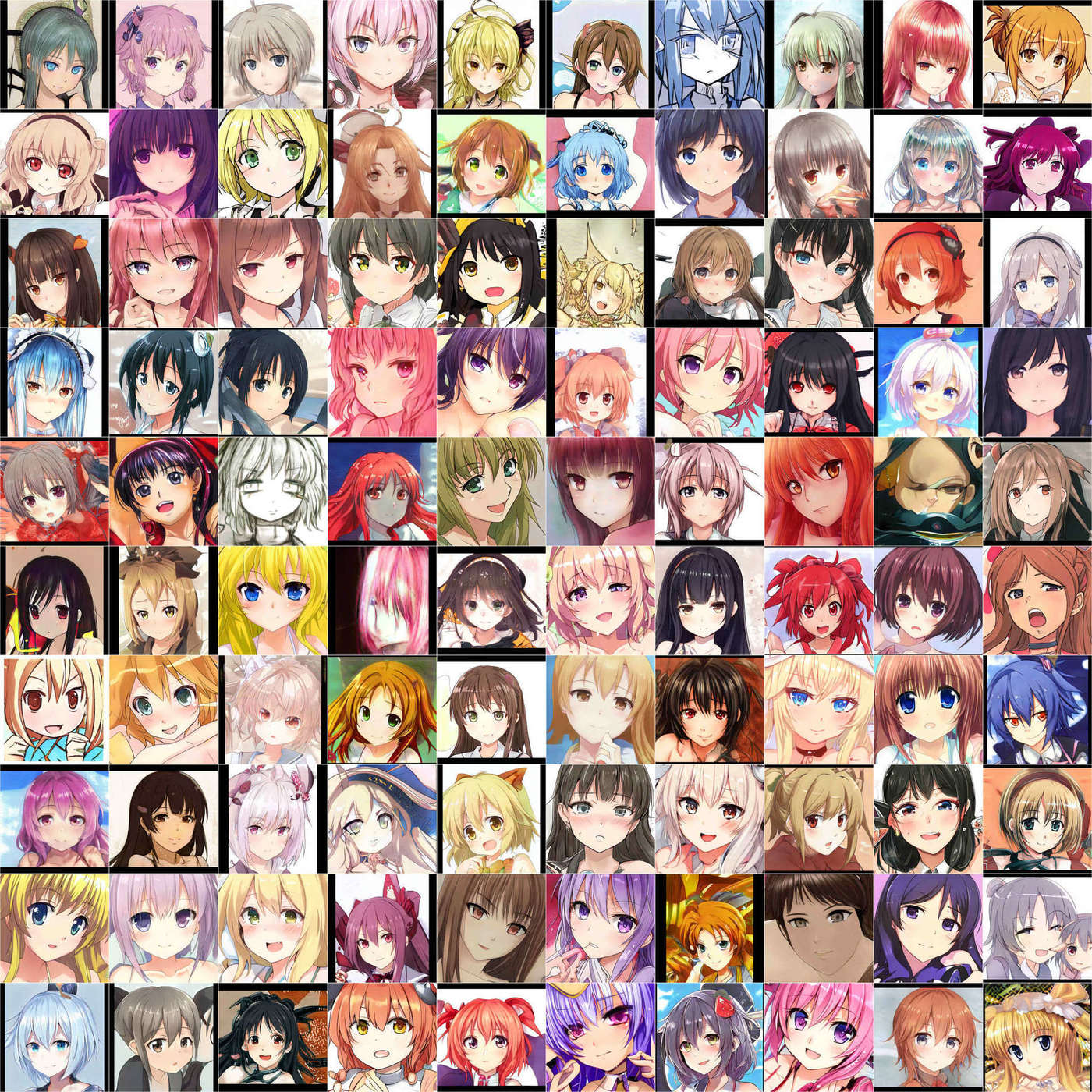100 random sample images from the StyleGAN 2 anime portrait faces in TWDNEv3, arranged in a 10×10 grid.