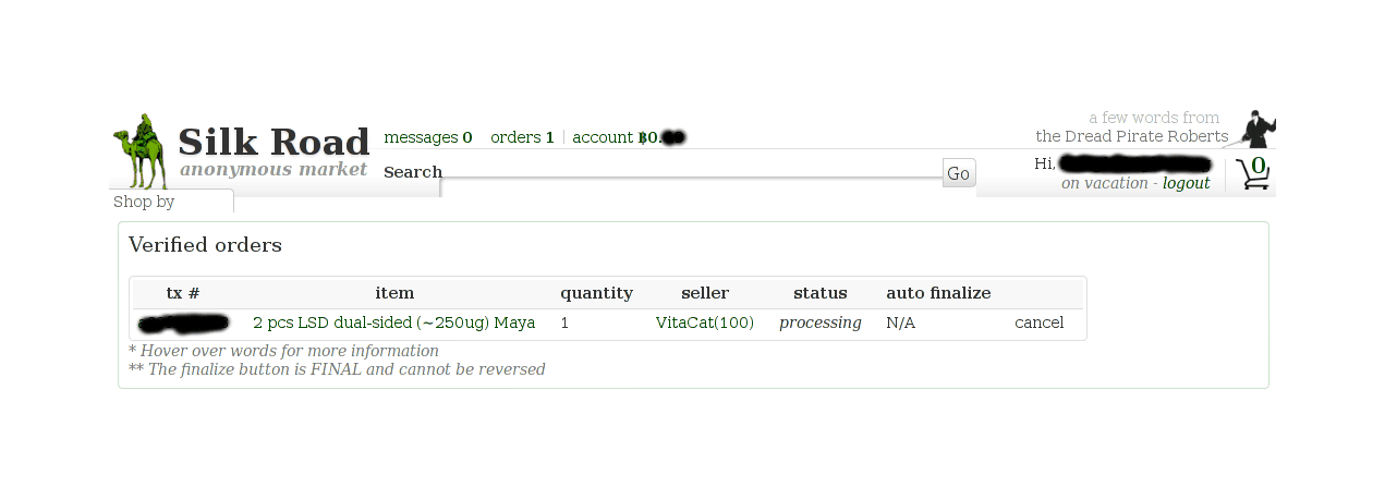 Order status page showing order has been marked as ‘processing’